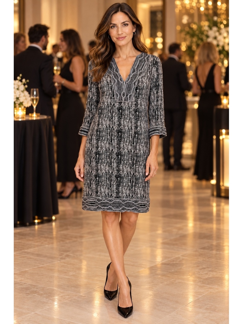 Diane von Furstenberg Black Grey White Silk Blend Dress Size 4